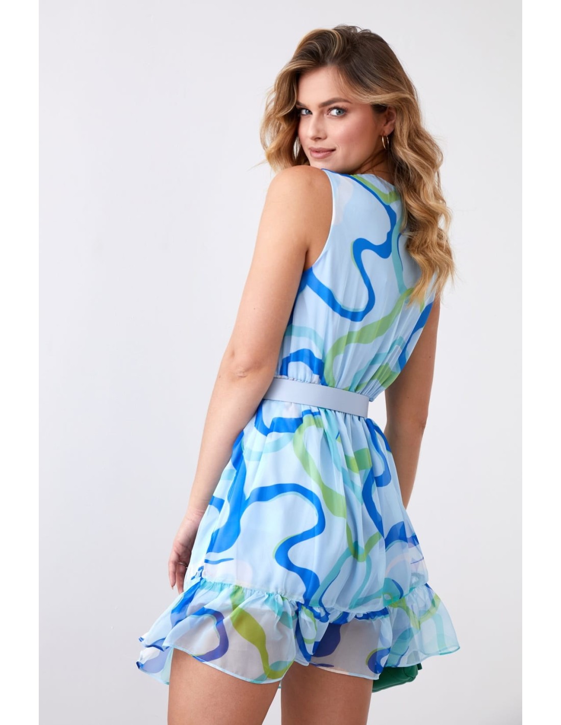 Light patterned dress with a belt, mint blue 03040 - Online store - Boutique